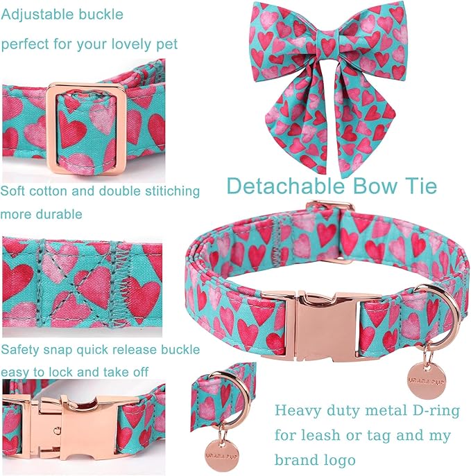 Valentine’s Day Dog Collar with Bow Tie, Pink Heart Bowtie Collar with Metal Buckle, Valentine’s Day Gift Pet Collar for Puppy Girl Boy Dog or Cat, Wedding Dog Collar, S, Neck 10-16in