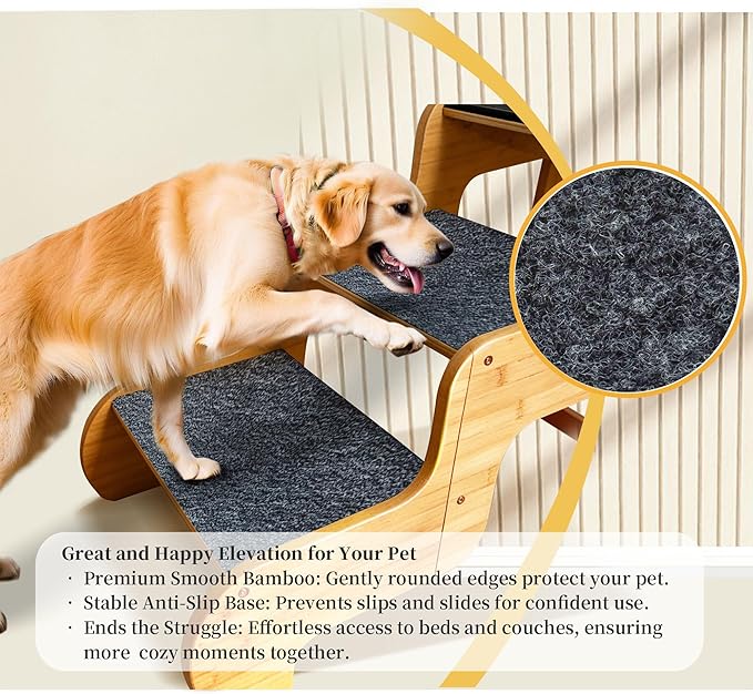 Dog Steps for Bed,Extra Wide Dog Stairs for Large Dogs,3-Step Bamboo Pet Ramp Assist Large Senior/Older Dogs or Pet(Up to 160 Pounds) Get to Couch Or High Bed (H:24 inch)