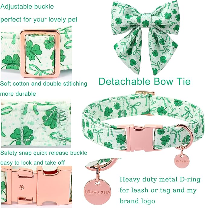 St. Patrick's Day Dog Collar with Bow Tie, Lucky Shamrock Bowtie Collar Adjustable for Girl Boy Dog, Trefoil Dog Collar Durable, Spring Green Collar for Dogs, M