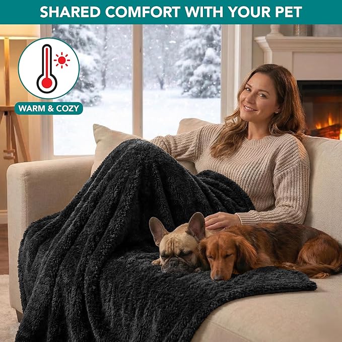 PetAmi Fluffy Waterproof Dog Blanket for Couch and Bed, Reversible Sherpa Pet Throw, Pee Proof Furniture Protector Sofa Cover, Washable Cat Blanket for Small Medium Dogs and Cats (Black, 24x32)