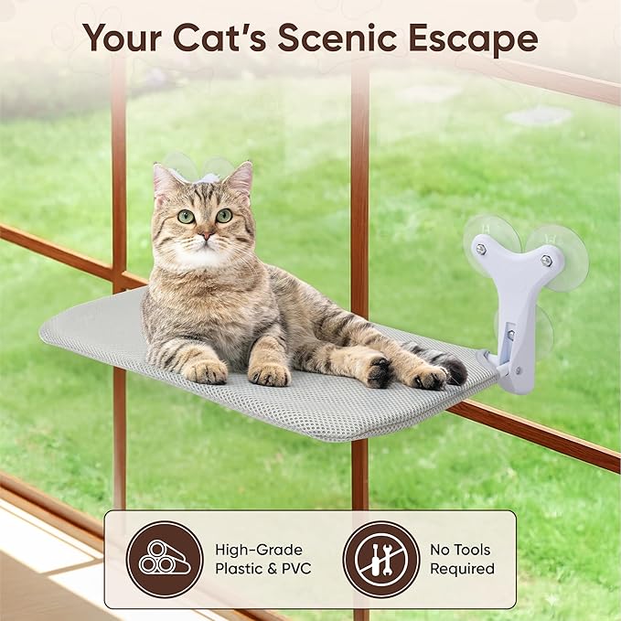 Cordless Cat Window Perch, Foldable Window Hammock with 6 Strong Suction Cups, Window Cat Bed for Indoor Cats