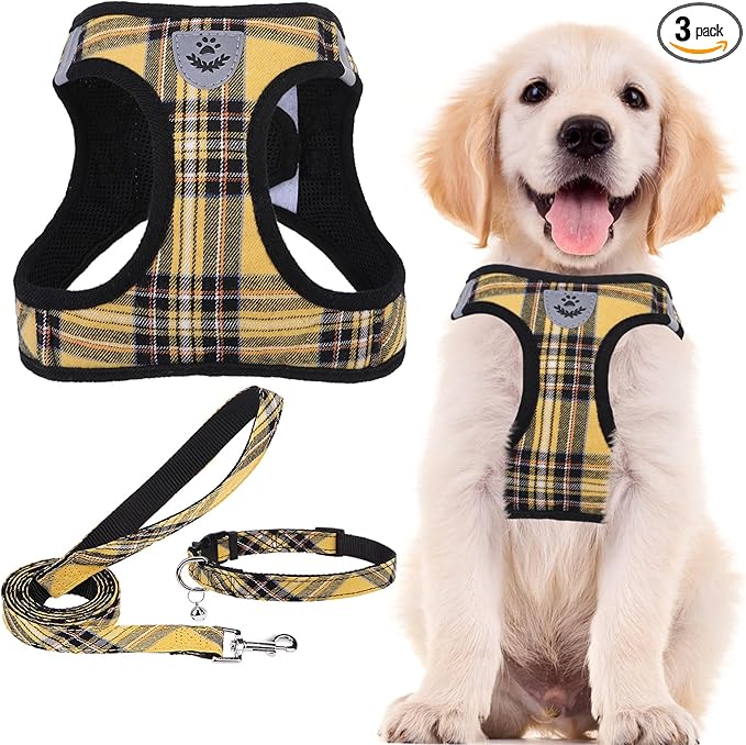 PUPTECK Adjustable Dog Harness Collar and Leash Set Step in No Pull Pet Harness for Small Medium Dogs Puppy and Cats Outdoor Walking Running, Soft Mesh Padded Reflective Vest Harnesses, Yellow, XL