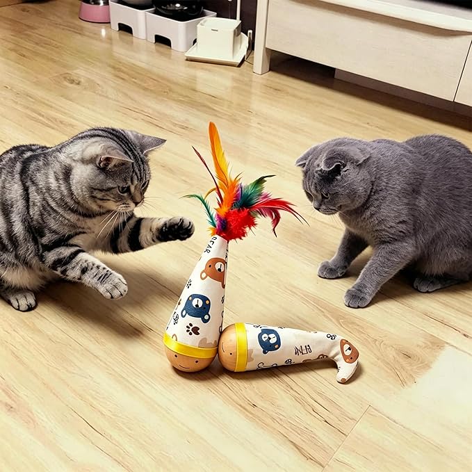 Natural Beechwood Cat Toy, 2-Pack Weeble Wobble Tumbler Toy for Indoor Cats & Small Dogs, Self-Righting Interactive Toy with Colorful Feathers, Silent Battery-Free Play for Solo Exercise