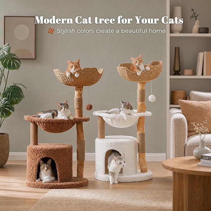MUTTORS Modern Cat Tree for Indoor Cats, 40 Inches Natural Solid Wood Cat Tower for Large Cats, Aesthetic Cat Furniture with Top Rattan Basket, Hammock & Scratching Post, Brown