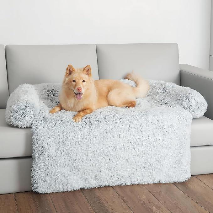 KHONSU PET Large Calming Dog Bed for Couch – Sofa Protector Mat with Bolster, Removable Washable Non-Slip Cover, Fits XL Dogs up to 70 lbs, Grey 45"x37"