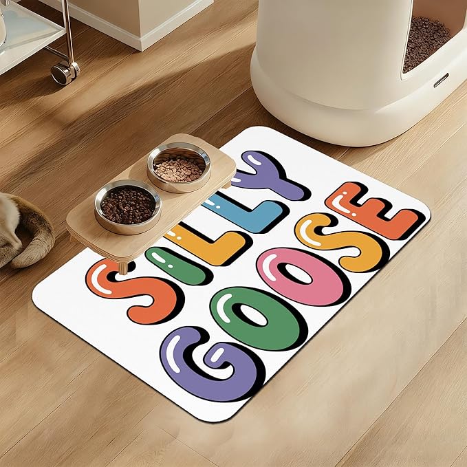 Silly Goose Pet Food Mat for Cats and Dogs–Absorbent Quick Dry Feeding Placemat, Non Slip Rubber Base, Waterproof Bowl Mat for Indoor Use, Pet Supplies 12"x20"