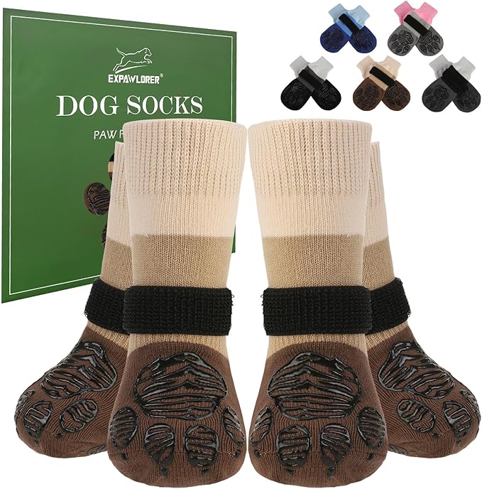 EXPAWLORER Anti Slip Dog Socks to Prevent Licking Paws, Dog Shoes for Hot Pavement Dog Booties for Hardwood Floors, Dog Boots & Paw Protectors with Grippers for Small Medium Large Senior Dogs Khaki XS