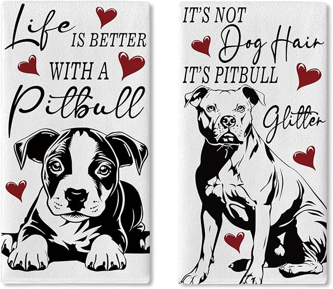 Funny Pitbull Dog Kitchen Dish Towels Set of 2, Life is Better with a Pitbull Drying Hand Towel Baking Cooking Cloth, Red Hearts Bathroom Home Decoration Gifts for Pet Dog Owner Lover 18''x26''