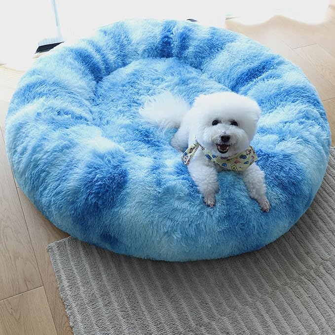 Patas Lague Calming Dog Bed for Large Dogs, Fluffy Soft Cozy Cat Bed, Faux Fur Anti-Anxiety Plush Washable Pet Donut Cuddler for All Seasons 36IN, Blue