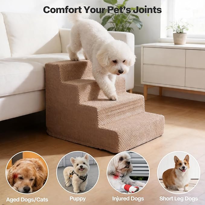 Pawise 4 Step Dog Stairs for Small Dogs Cats, Brown Mesh Pet Steps, Non-Slip Pet Stairs for High Bed Couch, Indoor Portable Dog Ramp with Zipper Bottom for Medium Large Dogs and Puppy