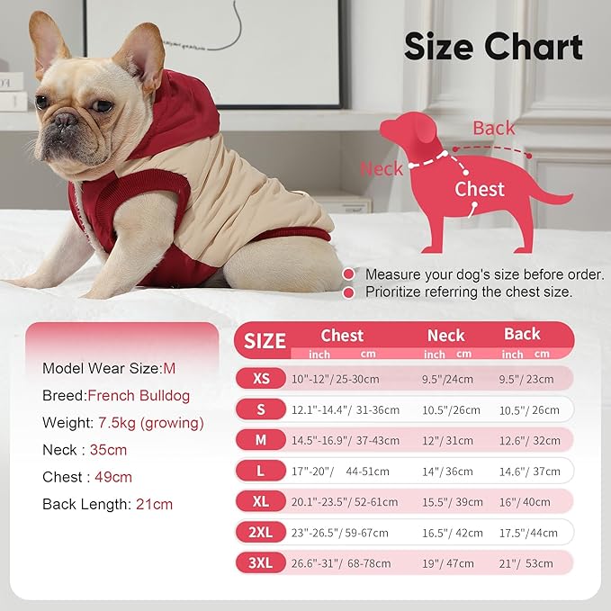 Vecomfy Fleece Lining Extra Warm Dog Hoodie in Winter for Large Dogs Jacket Pet Coats with Hooded,Beige and Red XL