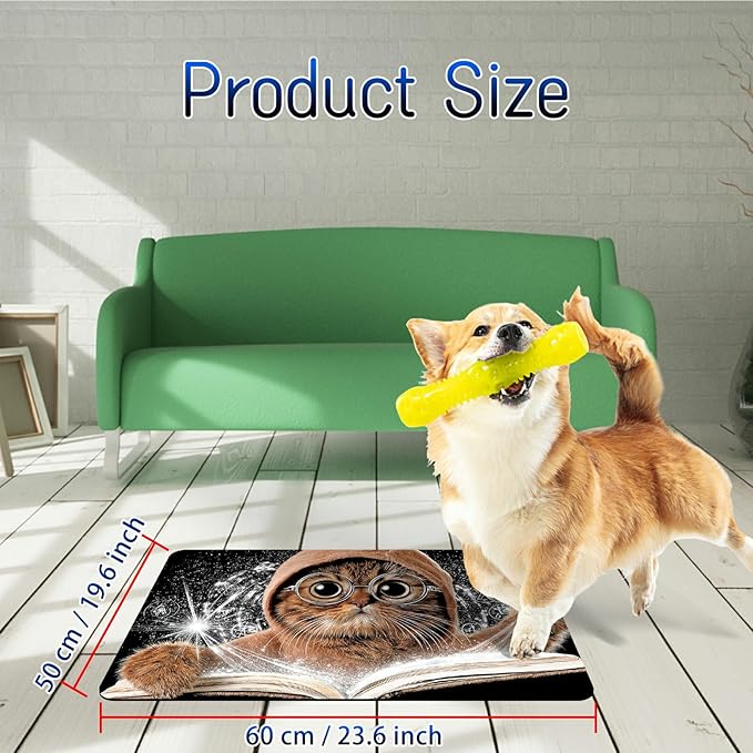 Dog Food Mat, 19.6" x 23.6" Absorbent Pet Feeding Mat for Food and Water, Waterproof Diatom Mud Pet Placemat with Non-Slip Rubber Backing, Easy Clean Cat Bowl Mat for Floors - Cute Cat Books