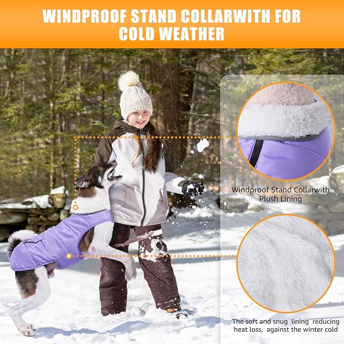 Dog Winter Coat for Large Dogs, Easy on Dog Snow Fleece Coat Velcro Waterproof Pet Puffer Clothes with Harness Hole Adjustable Reflective Quilted Pet Cold Weather Vest Wind-poof for Girl Female