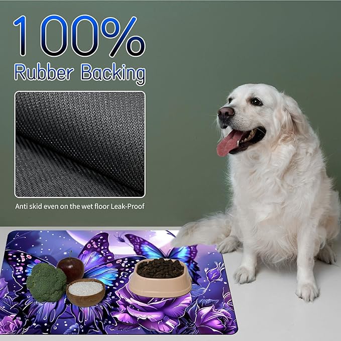 Dog Food Mat, 19.6" x 23.6" Absorbent Pet Feeding Mat for Food and Water, Waterproof Diatom Mud Pet Placemat with Non-Slip Rubber Backing, Cat Bowl Mat for Floors - Purple Butterfly 2