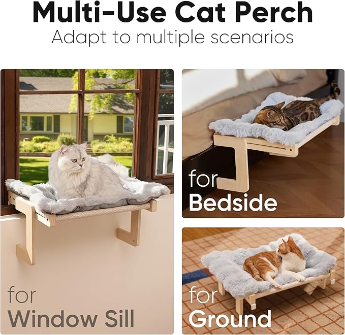 FUKUMARU 3-in-1 Cat Window Perch, Convertible Hammock for Window, Bedside and Floor, Sturdy Cat Window Bed w/Fluffy & Removable Cushion for Indoor Large Cats & Kittens, Reinforced Wood and Metal Frame