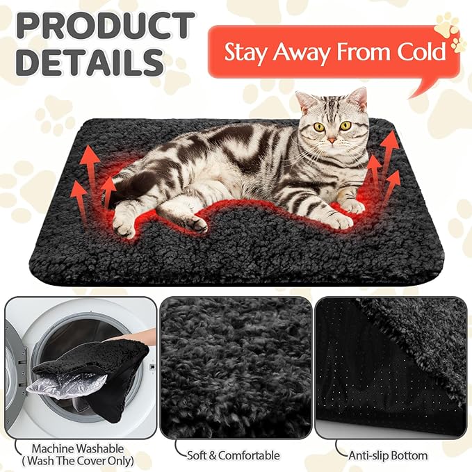 Self Warming Cat Bed Pad Self Heating Pet Mat Warmer Bed Mat for Feral and Indoor Washable Thermal Pet Kennel Pad with Anti-Slip Bottom(Black,16 x 20 Inch)