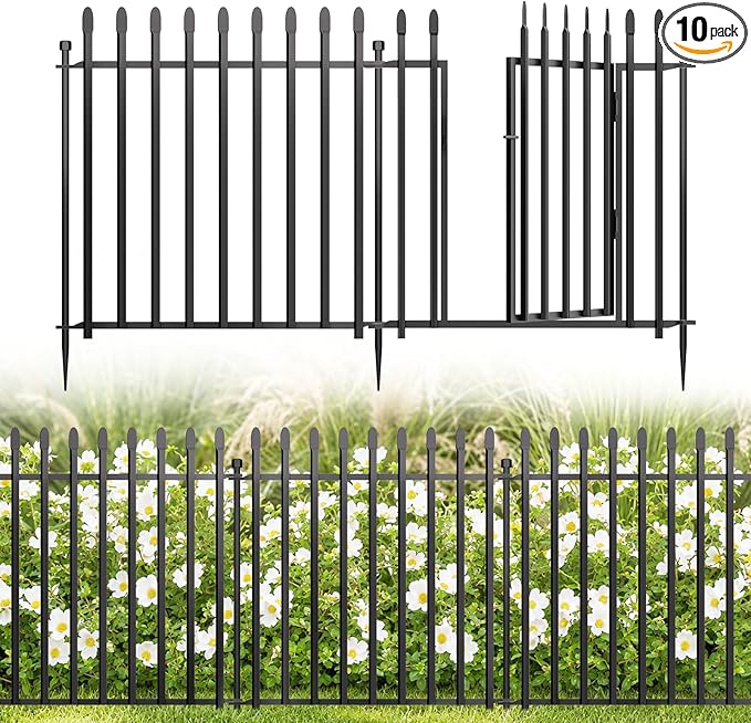 10 Panels No Dig Decorative Garden Fence with Gate, 24in(H) × 22ft(L) Heavy-Duty Rustproof Metal Panels, Outdoor Dog Barrier for Yard & Patio, Landscape, Border| Portable Temporary Fencing