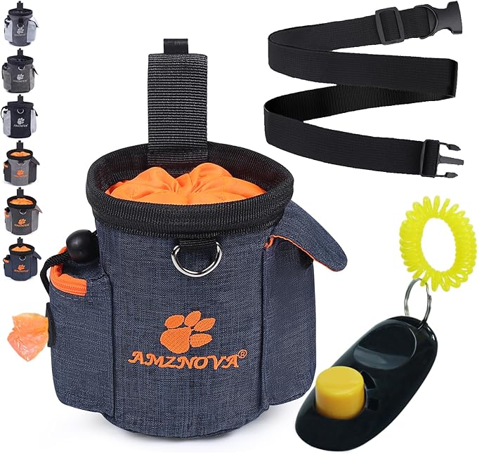 AMZNOVA Dog Treat Bag Treatnow Dog Treat Pouch, Training Pouch with Waist Belt & Clicker for Training & Walking, Waist Clip On Snack Fanny Pack for Pet, 3Cups, Heather Blue