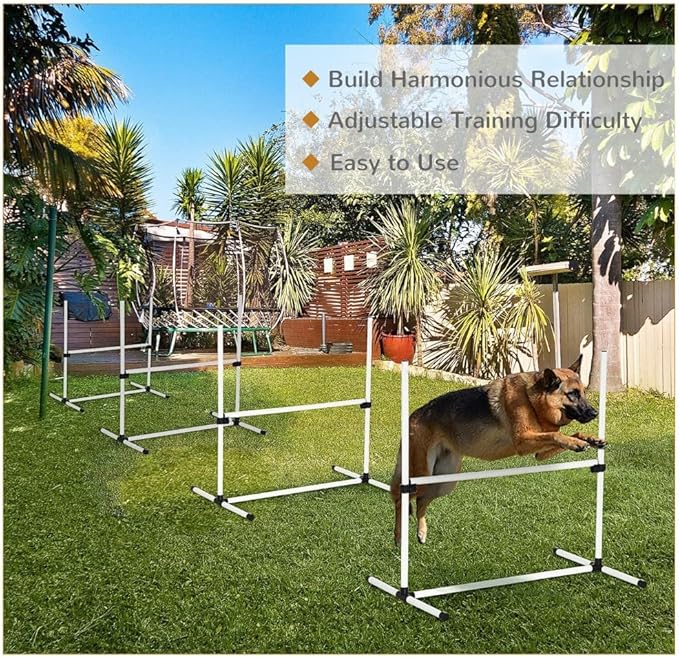 anwickjeff 4 Piece Dog Agility Training Equipment with Adjustable Height Jump Bars, Included Carry Bag, & Displacing Top Bar, Advanced Obstacle Courses for Dog Backyard Competitive (White, 4 Piece)