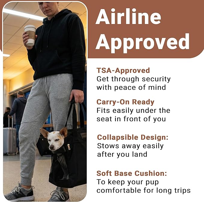 Soft-Sided Dog Carrier Bag, Airline Approved Pet Tote for Small Dogs & Cats, Breathable Mesh, Machine-Washable Cushion, TSA Friendly, Black