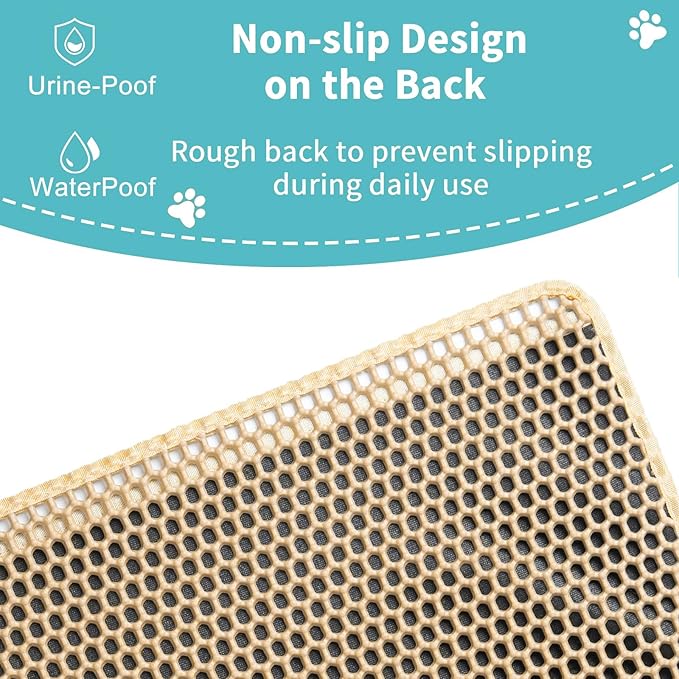 Cat Litter Box Mat Extra Large, XXL 47x36 inch Litter Trapping Mat, Double Layer Honeycomb Non-Slip Waterproof for All Size Litter Boxes & Multi Cats(Khaki)