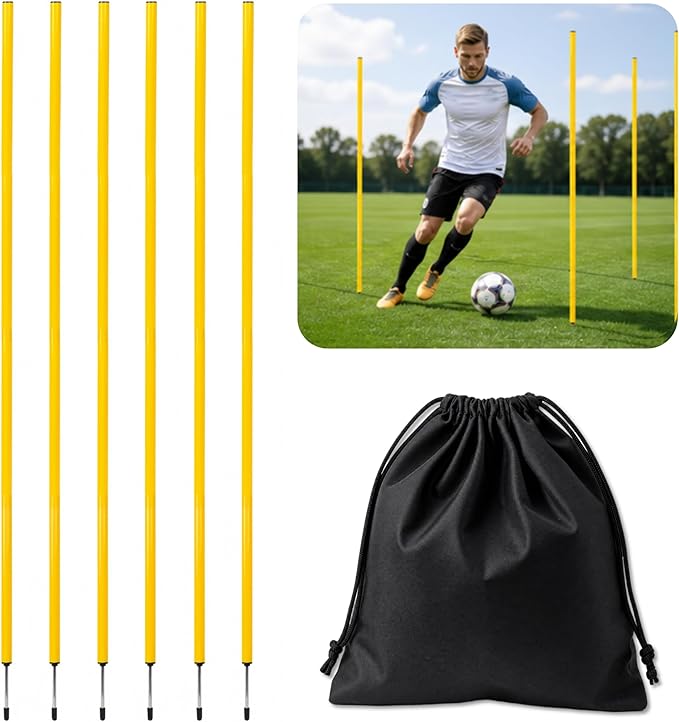 6 Pcs Soccer Agility Poles for Training, 5 FT Adjustable Speed and Agility Training Equipment for Football/Basketball/Horse/Dog Practice, Soccer Sticks with Steel Ground Nails Outdoors