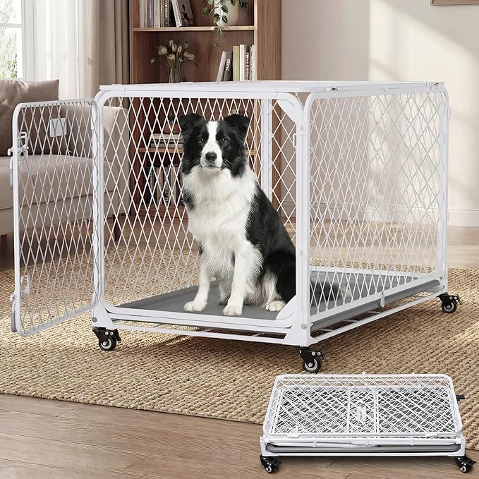 36 Inch Collapsible Dog Crate with Diamond Mesh, No-Tool Assembly Foldable Dog Kennel with 4 Lockable Wheels,Removable Tray,Portable Dog Cage for Medium/Large Dogs, Space-Saving, Indoor Outdoor Use