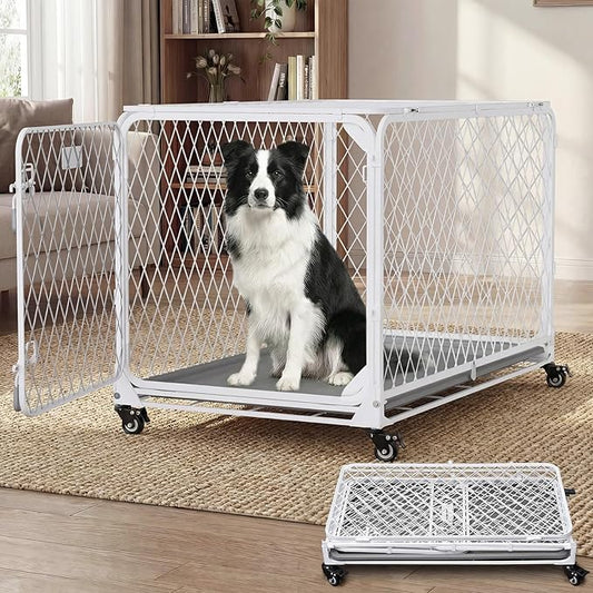36 Inch Collapsible Dog Crate with Diamond Mesh, No-Tool Assembly Foldable Dog Kennel with 4 Lockable Wheels,Removable Tray,Portable Dog Cage for Medium/Large Dogs, Space-Saving, Indoor Outdoor Use