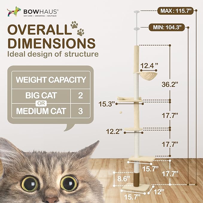 BOWHAUS Floor to Ceiling Cat Tree, Adjustable Height 104”-115” Multi-Tier Cat Climbing Tower w/Itching Scratcher, Cozy Hammock, Interactive Playball, Platforms for Indoor Cats, Beige