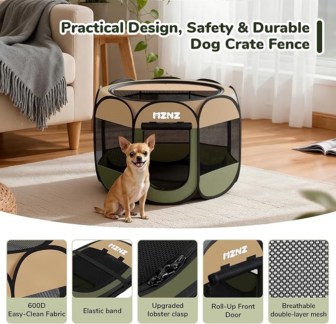 Dog Cat Playpen, Portable Small Animal Playpen Crate Indoor for Dogs Cats Rabbits, Foldable Guinea Pigs Bunny Cage Enclosure Outdoor, Pop Up Dogs Cats Tent Kennel with Carrying Case, Olive Green