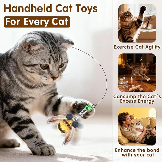 Walfront Cat Toys for Indoor Cats— Realistic Insect Wand with Replaceable Bee & Fly Heads, Flexible Steel Rod, Indoor Cat Toy for Kittens & Adult Cats, Boredom Relief & Bonding Play