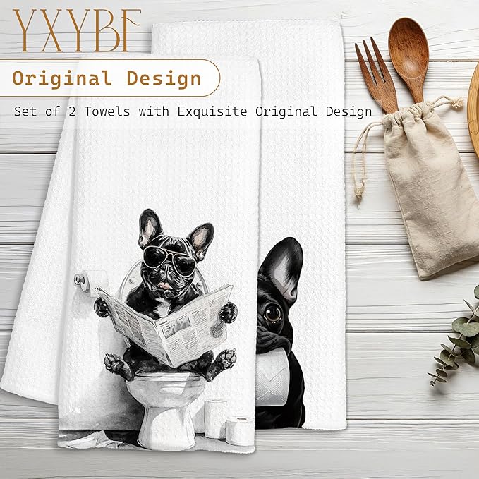 Funny French Bulldog Hand Towels for Bathroom Washroom Decor 16x24 Inches, Frenchie Gifts for Women Men, Funny Frenchie Dog Bathroom Towels Decorative, Set of 2