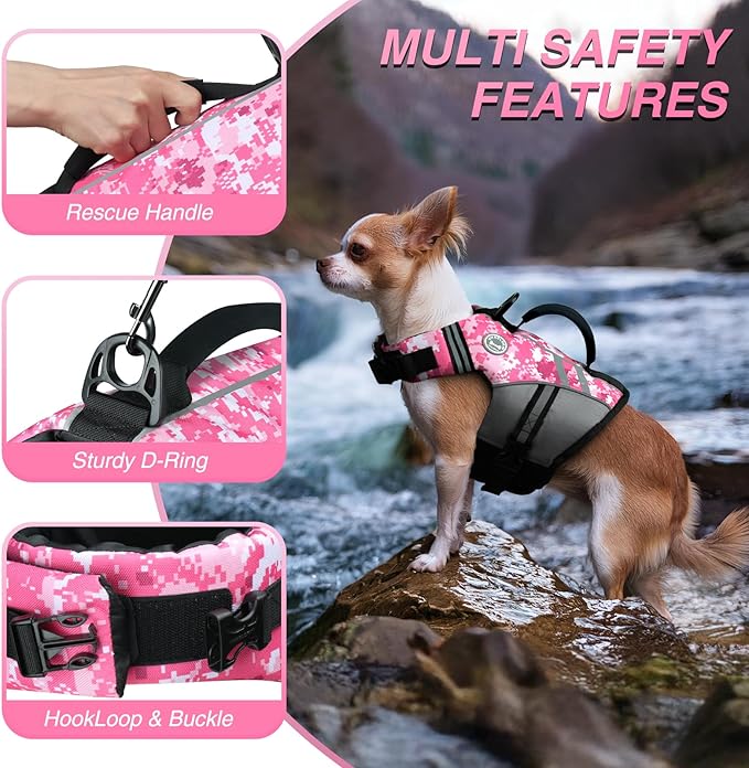 VIVAGLORY Sports Style Dog Life Vest, Dog Life Jacket for Swimming & Boating, Ripstop & Buoyancy for Puppy Doggy, Lifejacket with Handle, XS, Camo Pink