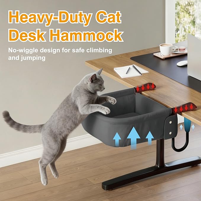 Cat Desk Bed with Cooling Mat for Summer Heavy Duty Cat Bed for Desk Attachment for Large Cats 50 lbs Extra Sturdy Dog Chair Dual-Sided Mat Waterproof Easy Assembly for Gaming Desk Kitchen Island Gray