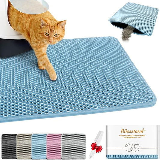Waterproof Cat Litter Mat, Double Layer EVA, Odor-Free Large Grid, Urine Proof, Easy Cleanup 24 x 35, Blue