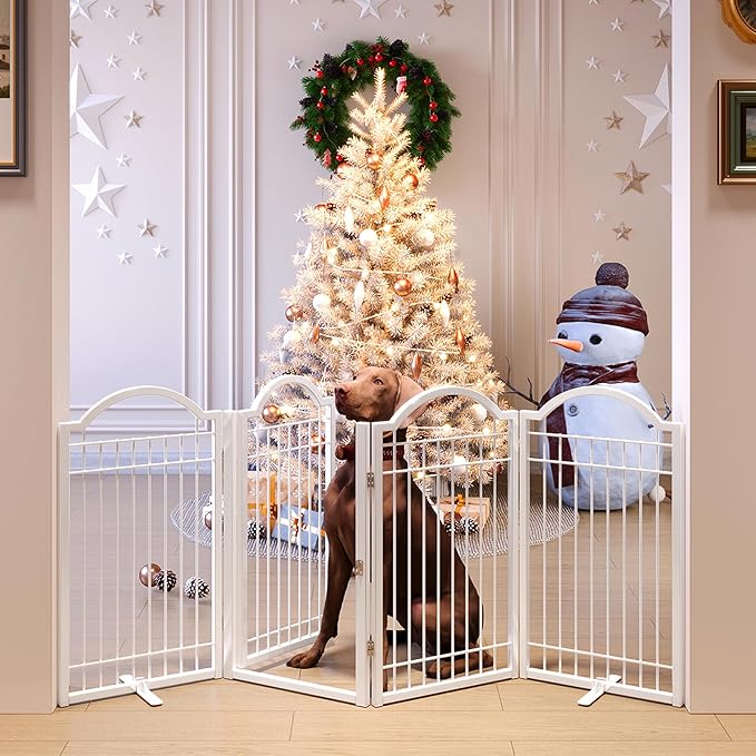 BHG Metal No-Assembly Freestanding Dog Gate with Door Walk Through, Extra Wide 80", Extra Tall 30" Pet Gate, Accordion Puppy Folding Playpen Dog Fence for Indoor & Outdoor, with 2PCS Support - White