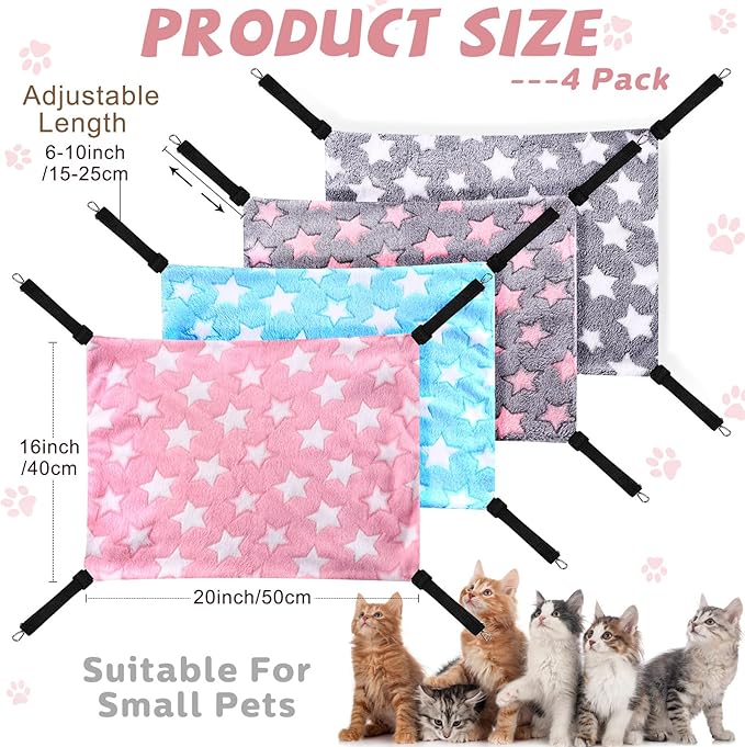 Geelin 4 Pcs Cat Hammock for Cage Soft Hanging Pet Hammock Bed with Adjustable Straps and Metal Hooks Double Sided Bed for Large & Small Cats Ferret Rat Sugar Glider(Large Star,16 x 20 Inch)