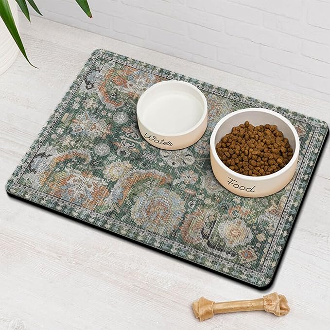 Vintage Tribal Dog Food & Water Mat, Boho Pet Feeding Mat for Floor Non-Slip Waterproof, Super Absorbent Cat Bowl Mat, Easy to Clean Durable Pet Placemat,16" × 24"