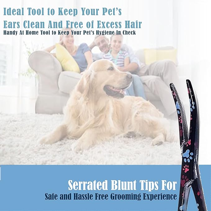 Dog Pet Ear/Nose Hair Puller Grooming Hemostat Locking Forceps Curved Pliers, 5.5" (14cm) Full Serrated Clamps Stainless Steel (Black Multi Paws)