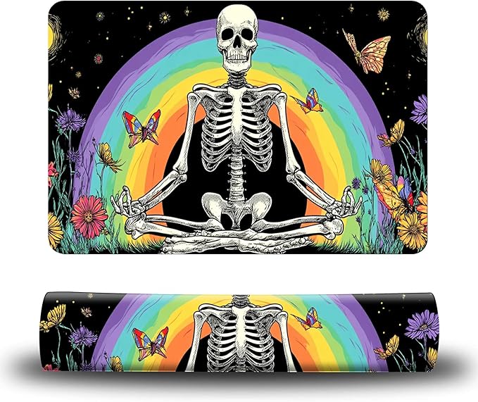 Dog Food Mat, 15.7" x 23.6" Absorbent Pet Feeding Mat for Food and Water, Waterproof Diatom Mud Pet Placemat with Non-Slip Rubber Backing, Easy Clean Cat Bowl Mat for Floors - Rainbow Skull
