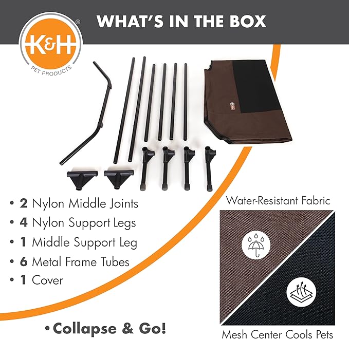 K&H Outdoor Elevated Dog Bed - Cooling Raised Dog Bed for Large & Extra-Large Pets, Breathable Mesh Center Hammock Design, Indoor/Outdoor Washable Cover, Portable Metal Frame, Chocolate, XL 50x32in