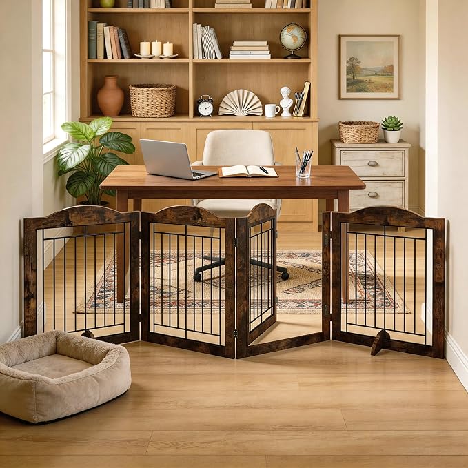 Vantas Folding No-Assembly Dog Door Pet Gate 96" Wide, 30" Tall Wooden Dog Gate with Door Walk Through, Freestanding Wire Pet Gate, Pet Puppy Safety Fence, with 2PCS Support – Rustic Brown