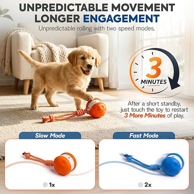 (2 Pack) Interactive Dog Toys for Small Dogs — Boredom Relief & Indoor Enrichment, Automatic Rolling Ball with Rope, Motion Activated Self Moving Dog Toy (Blue + Orange)