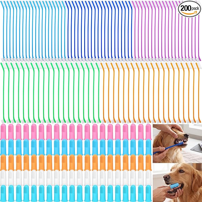 200 Pcs Dog Toothbrushes Bulk Dog Dental Kits 100 Dual Headed Dental Brushes 100 Finger Brushes 360 Degree Dogs Tooth Brushing Kits Easy Teeth Pet Cleaning Soft Care for Puppy Cats Supplies