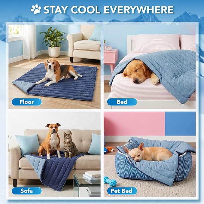 PetAmi Dog Cooling Mat, Q-Max Pet Cooling Blanket with Thick Cushioning, Self Cooling Pad for Dogs & Cats, Reversible Summer Mat for Crate, Couch, Kennel, Navy/Dusty Blue, Small (24x32)