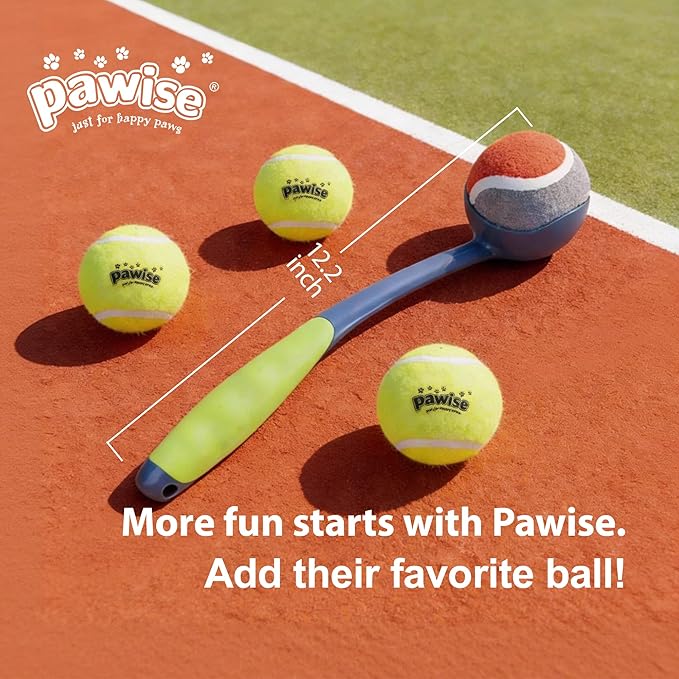PAWISE Dog Ball Launcher for Small & Medium Dogs, 12.2" Dogs Fetch Toy with Tennis Ball + 3-Pack Squeaky Tennis Balls, Portable Hands-Free Pick-Up Thrower for Indoor & Outdoor Play