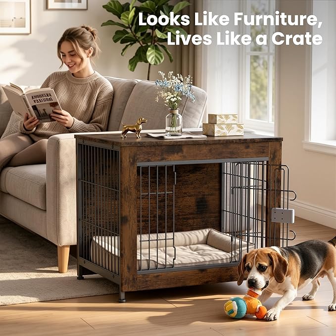 Wooden Dog Crate Furniture, 27in Dog Cage Furniture with Slide Safety Latch, Indoor Decorative End Table for High Anxiety Dogs, Furniture Style Dog Crate for Small to Medium Dogs, Aged Black
