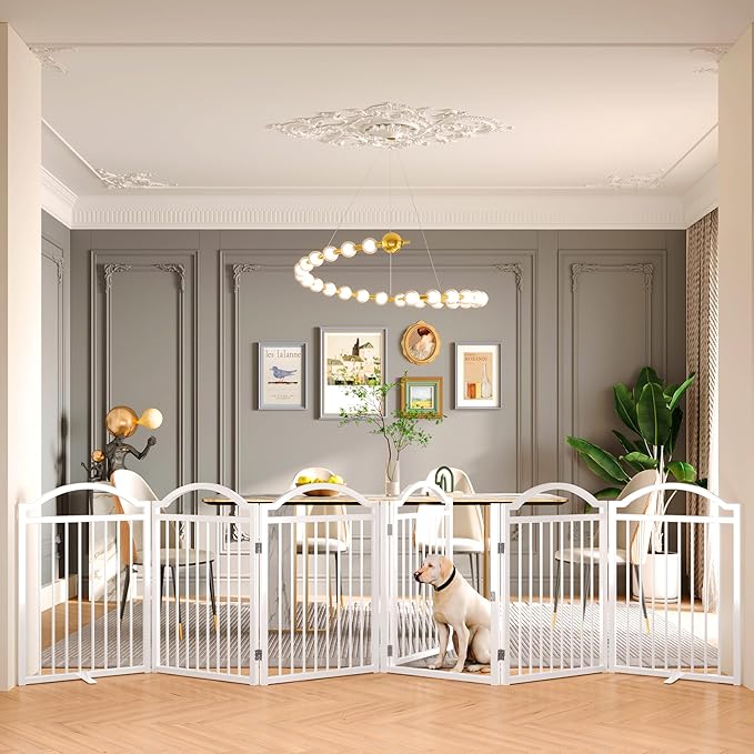 BHG Metal No-Assembly Freestanding Dog Gate with Door Walk Through, Extra Wide 144", Extra Tall 32" Pet Gate, Accordion Puppy Folding Playpen Dog Fence for Indoor & Outdoor, with 2PCS Support