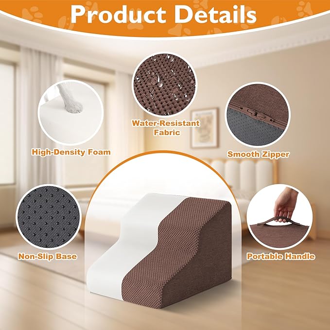 Dog Stairs for Small Dogs 11.5’’ H, 2-Step Dog Steps for Bed, Pet Stairs and Ramp for Dogs and Cats to Get on Beds, Couch, Non-Slip Balanced Pet Steps with Waterproof Cover, Brown