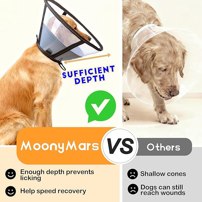 Soft Dog Cone, Stop Licking Deep Pet Recovery Collar After Surgery for Large Medium Dogs, Clear Plastic Breathable Elizabethan Head Neck Circle, Adjustable Comfortable Cones 28cm Long (ML Black)